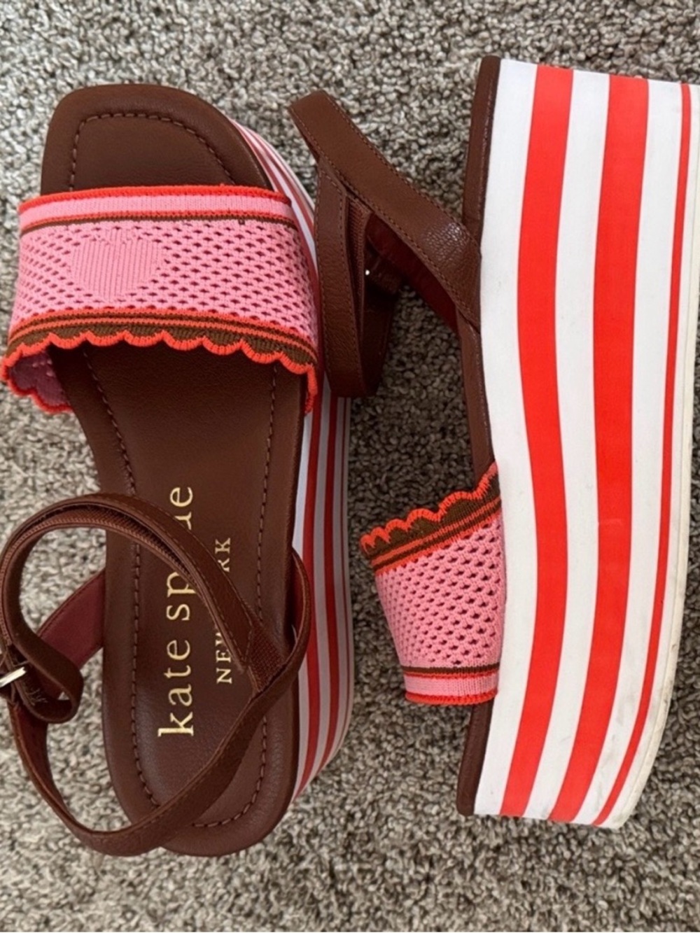Kate Spade HIGHRISE Platform Knit Sandals Ankle Strap Size 7 Pink and White